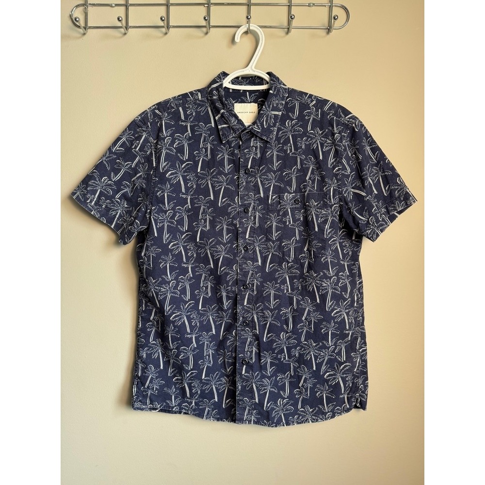 American Eagle Palm Tree Print Short Sleeve Button Down Shirt‎ M Navy Tropical